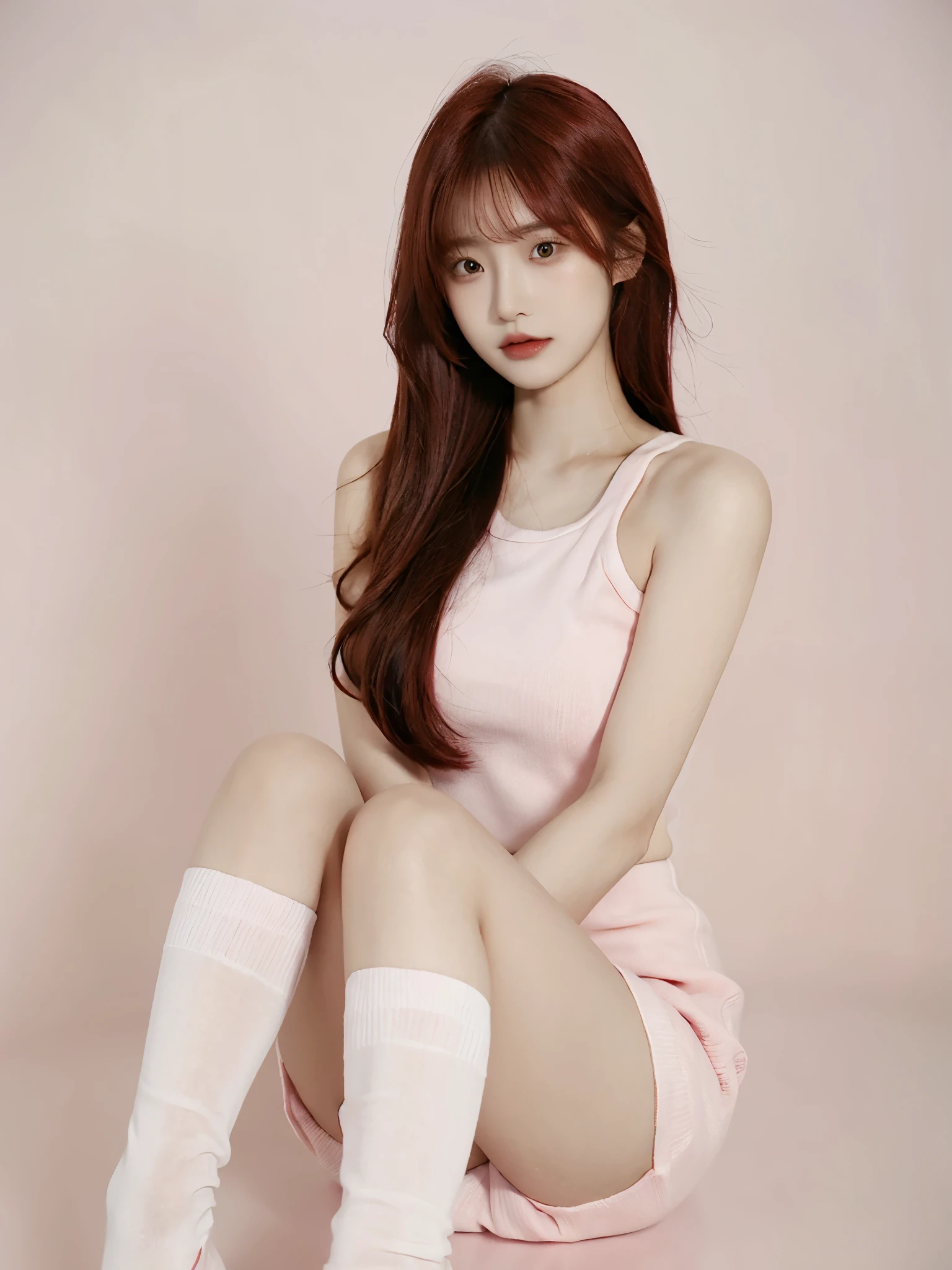 ((1girl)), asian girl, red hair, pink short dress, long white socks, white background