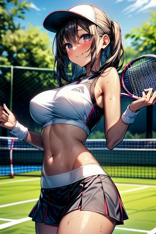 masterpiece, super details, best quality, beautiful girl, tennis wear, mini skirt, bare navel, tan line, tennis court, sweat