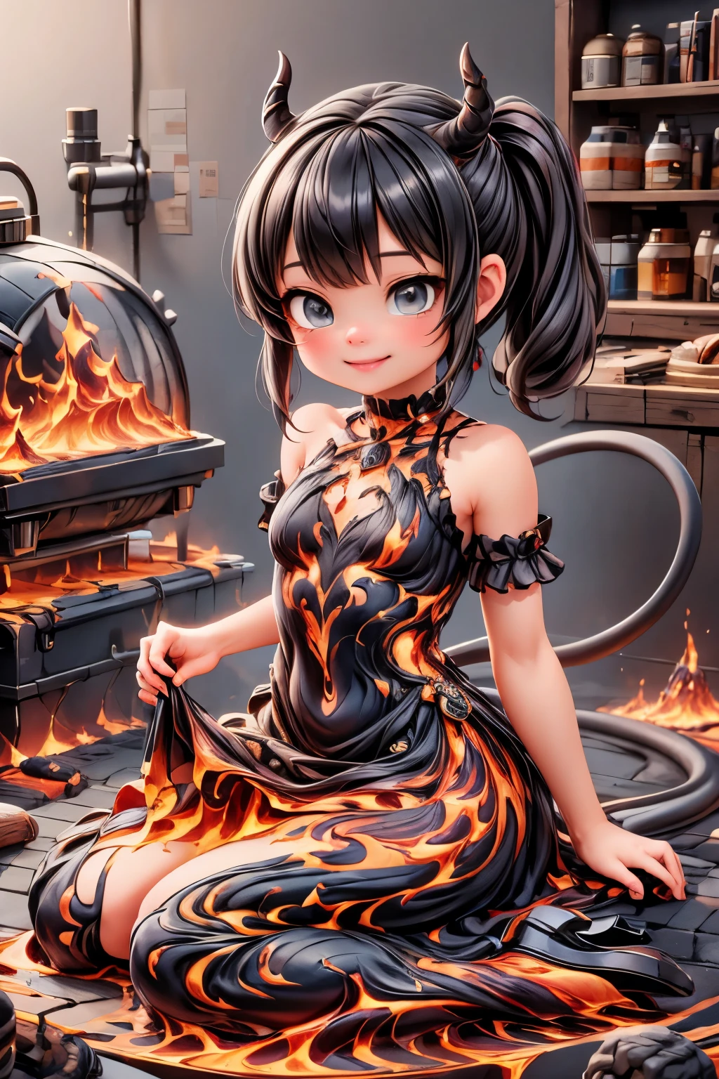 masterpiece, best quality, add detail, detailed, lava kingdom, a demon girl smiling, lava dress, lava material dress, fire pumps, (((sfw)))