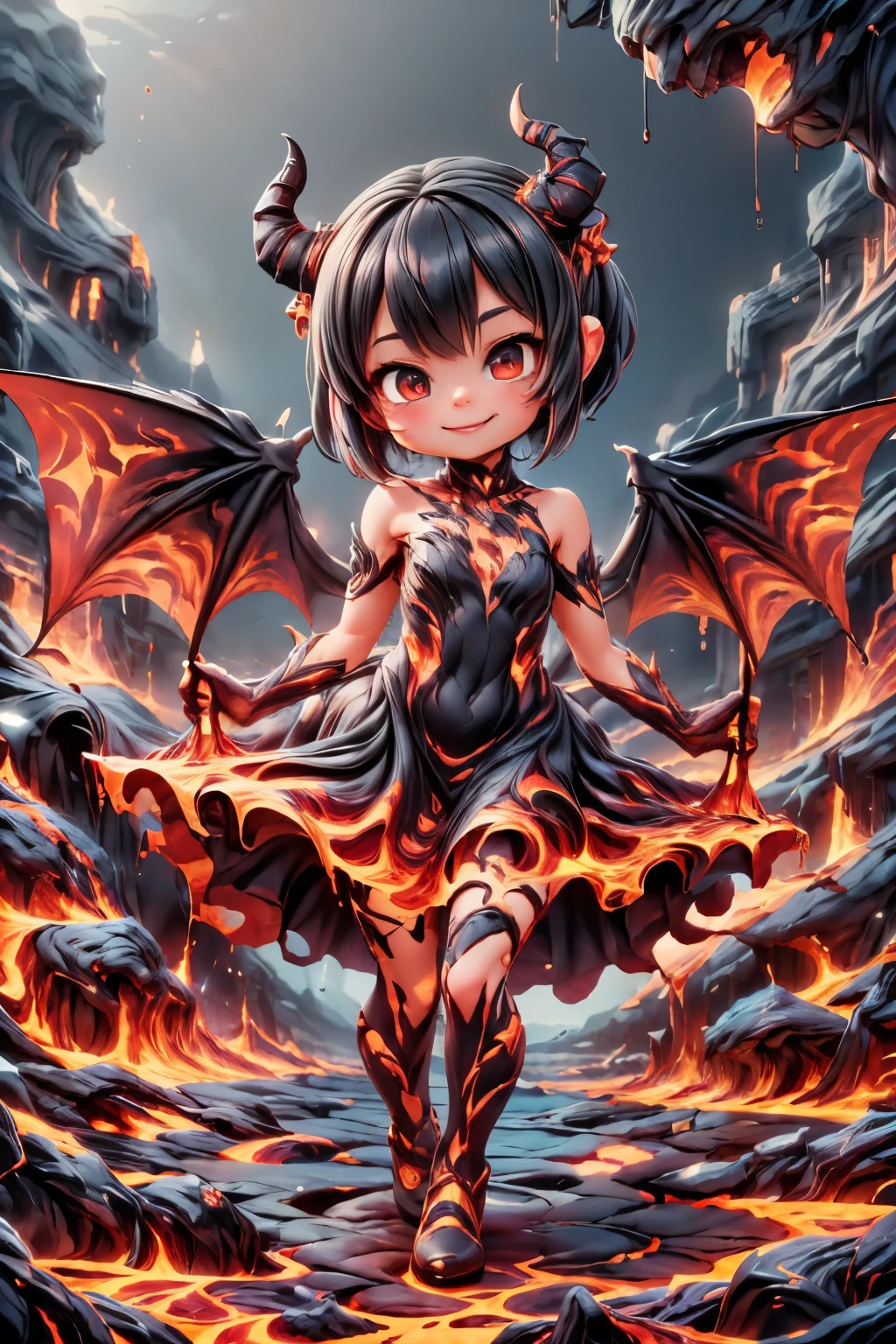 masterpiece, best quality, add detail, detailed, lava kingdom, a demon girl made of lava smiling, lava demon girl, demon girl made of lava, lava dress, lava material dress, pumps made of lava, pumps lava material, (((sfw)))