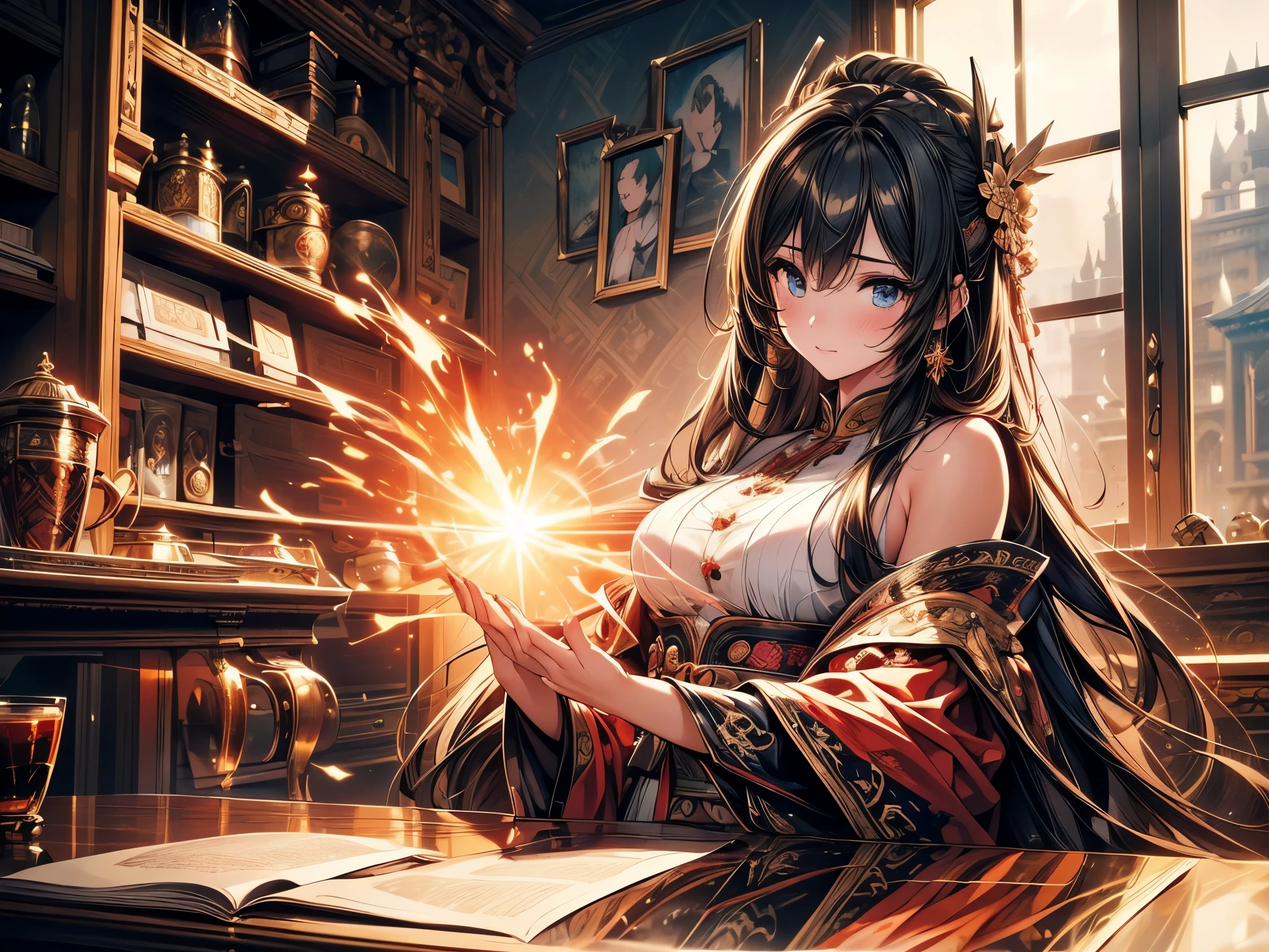 (original photo, best quality), (Practical, photo-Practical:1.3),best quality,Very detailed,masterpiece,Super detailed,illustration,1 Girl,superior_Body,Dynamic Angle,world masterpiece theater,messy_long_hair,best quality,Extremely detailed CG Unity 8K wallpaper,ink,Astonishing,Movie Lighting,lens_Flare, Dunhuang_style