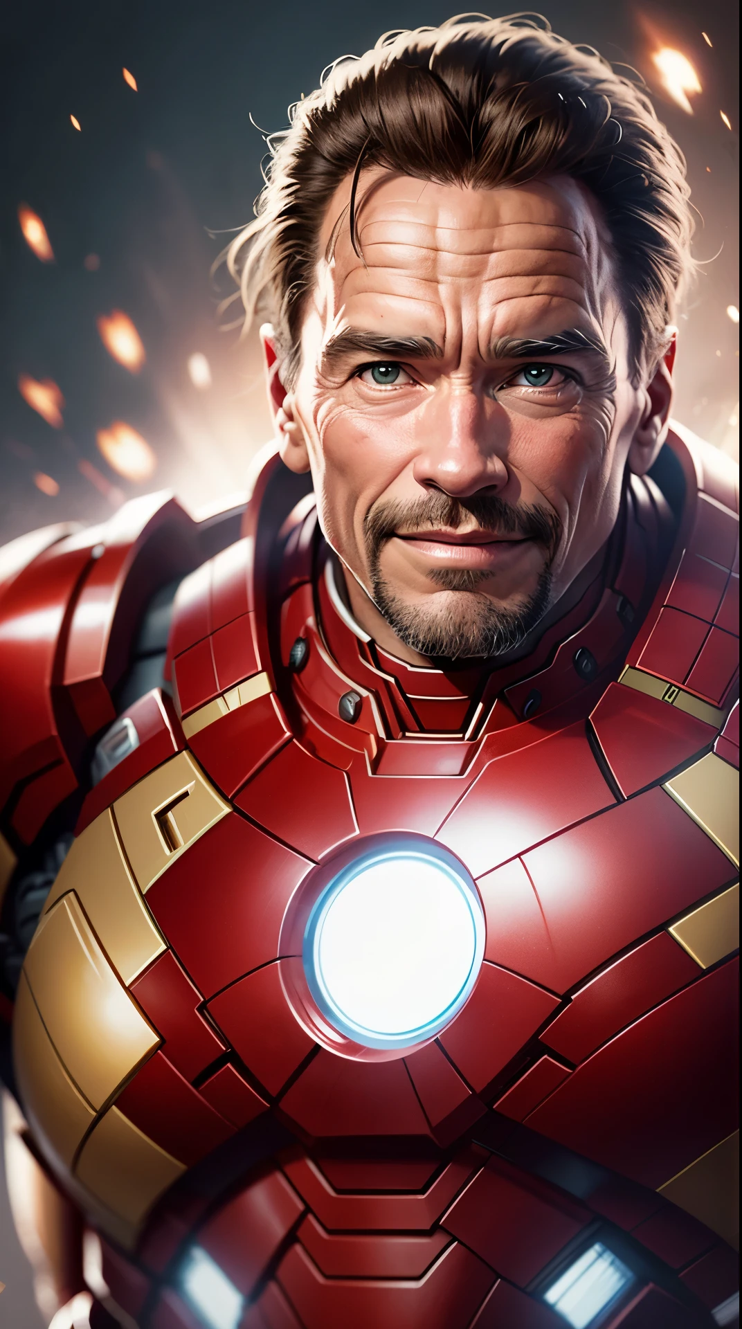 Arnold Schwarzenegger in a iron man suit, smiling, cinematic, supersharp ultra realistic, iron man 3, unmasked, no mask, face, real person --auto --s2