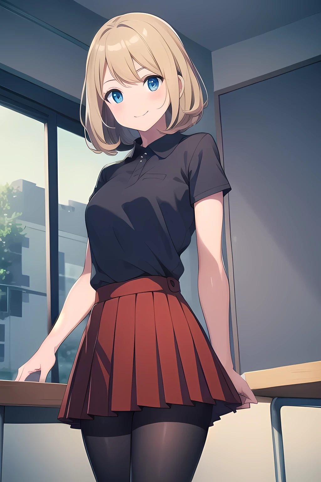 1girl, serena , blonde, bob haircut,  eyebrows hidden by hair, grey background, short hair, wavy hair, (small breast:1.2),
BREAK pantyhose, white shirt, pantyhose, plaid, plaid skirt, pleated skirt, , shirt, skirt, wavy hair, smile
BREAK indoors, classroom,
BREAK looking at viewer, smiling,
BREAK (masterpiece:1.2), best quality, high resolution, unity 8k wallpaper, (illustration:0.8), (beautiful detailed eyes:1.6), extremely detailed face, perfect lighting, extremely detailed CG, (perfect hands, perfect anatomy),