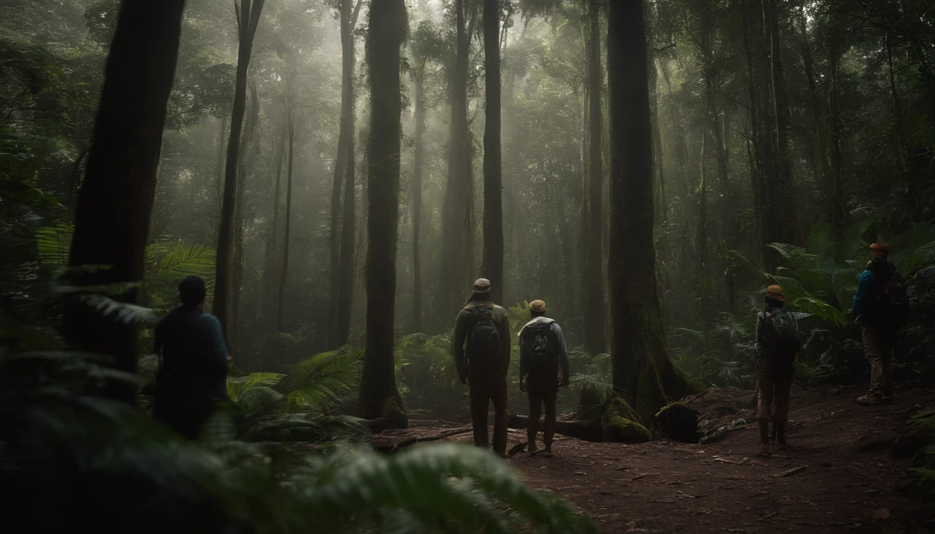 A group of friends stands in awe at the entrance of the legendary Rebung Forest in Kalimantan Barat, their excitement palpable as they prepare to embark on their adventure into the unknown. 16:9 Ratio.