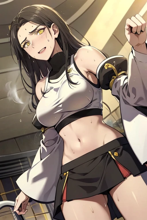 masterpiece,best quality,1girl,(mature female),orihimedef,,BLACK hair,yellow eyes,hair ornament,center opening,navel,midriff,skirt,detached sleeves,seductive smile,((sweat,sweatdrop,steaming body)),looking at viewer,sunlight,(dutch angle),