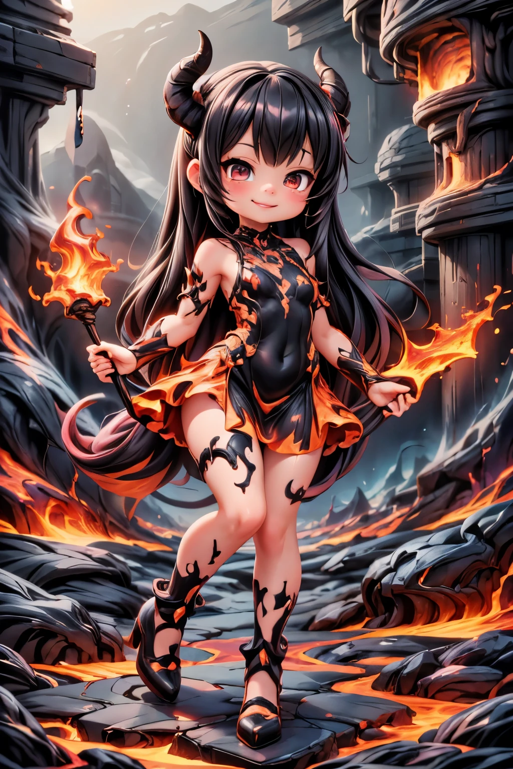 masterpiece, best quality, add detail, detailed, lava kingdom, a young demon girl made of lava smiling, lava demon girl, demon girl made of lava, Her figure, enveloped in the fiery glow, lava dress, lava material dress, pumps made of lava, pumps lava material, (((sfw)))