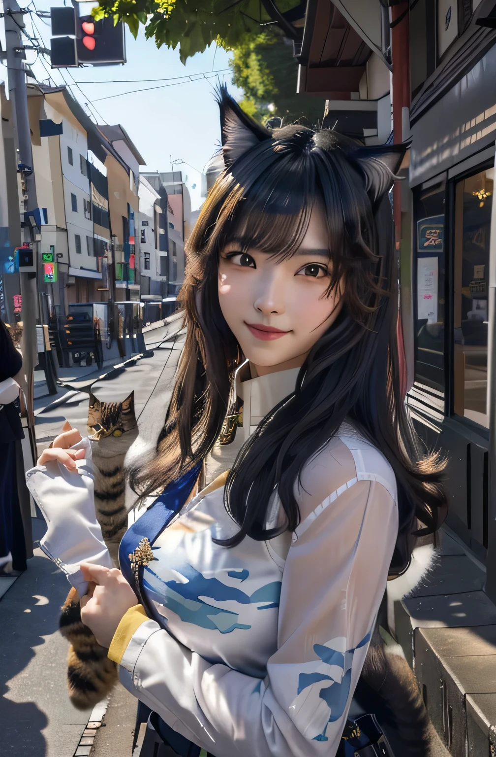8K, Masterpiece, A cat girl in an attractive camouflage combat uniform, Very beautiful cute cat girl, Beautiful young cat girl, Real life anime cat girl, Beautiful Asian Cat Girl, Japanese Model, Realistic young gravure idol, Beautiful Japanese girl face, Beautiful Korean Women, Cat-eared girl, Beautiful young Korean woman, Realistic cat ears, Short Hair, Wave your hands widely, smile, Roundhouse kick, Fighting Style,