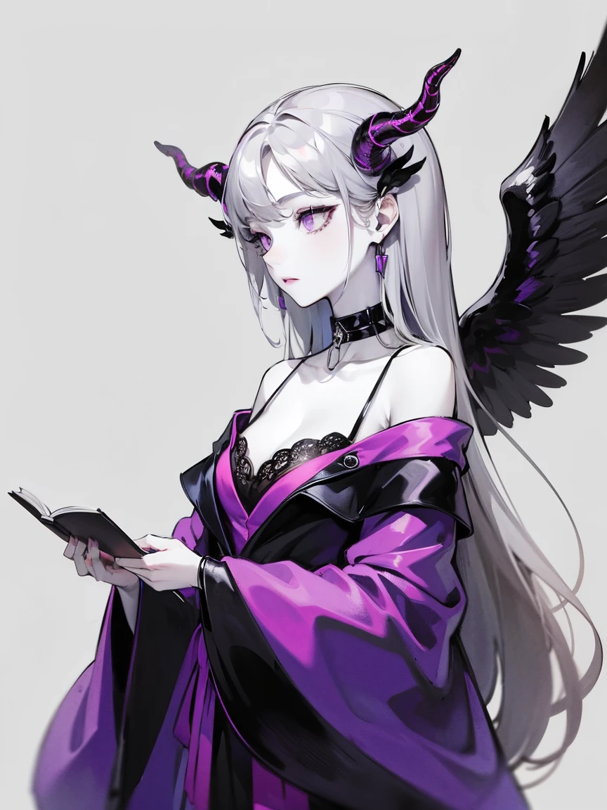 gray hair, long straight hair, Off-the-shoulder dresses, Black Wings, horn, purple eyes, White skin, simple background, choker, front view, Close to the face