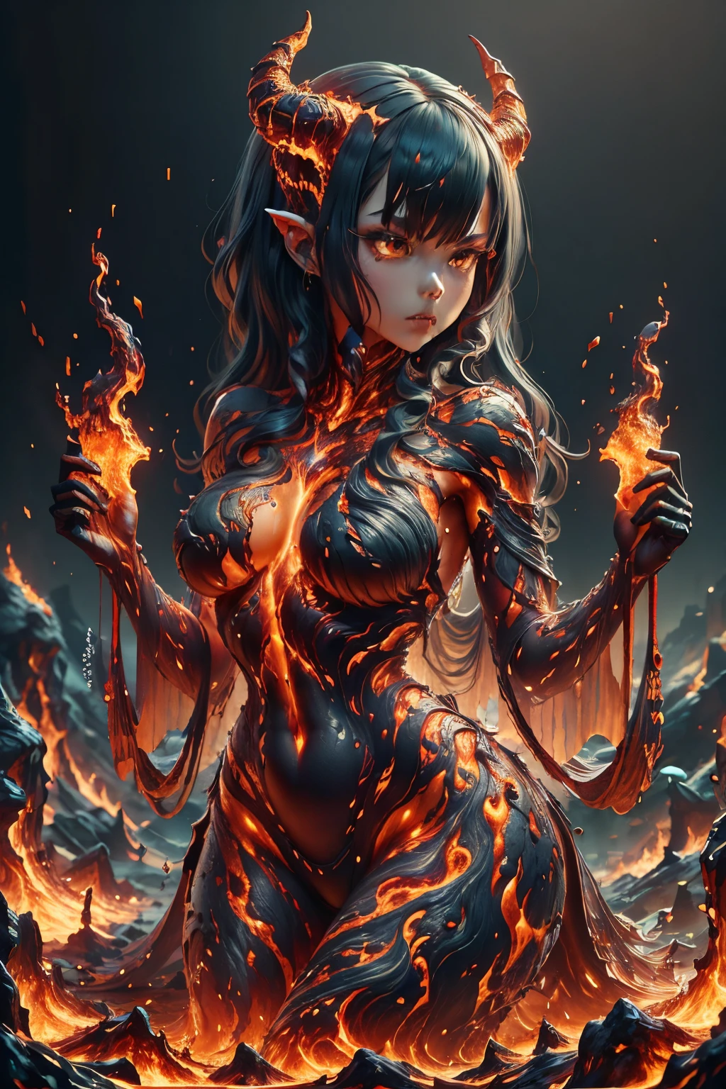 metallic delicate intricate pattern of lava in the shape of a demon woman, made of fiery burning lava string, (magic lava clothes), (((sfw)))