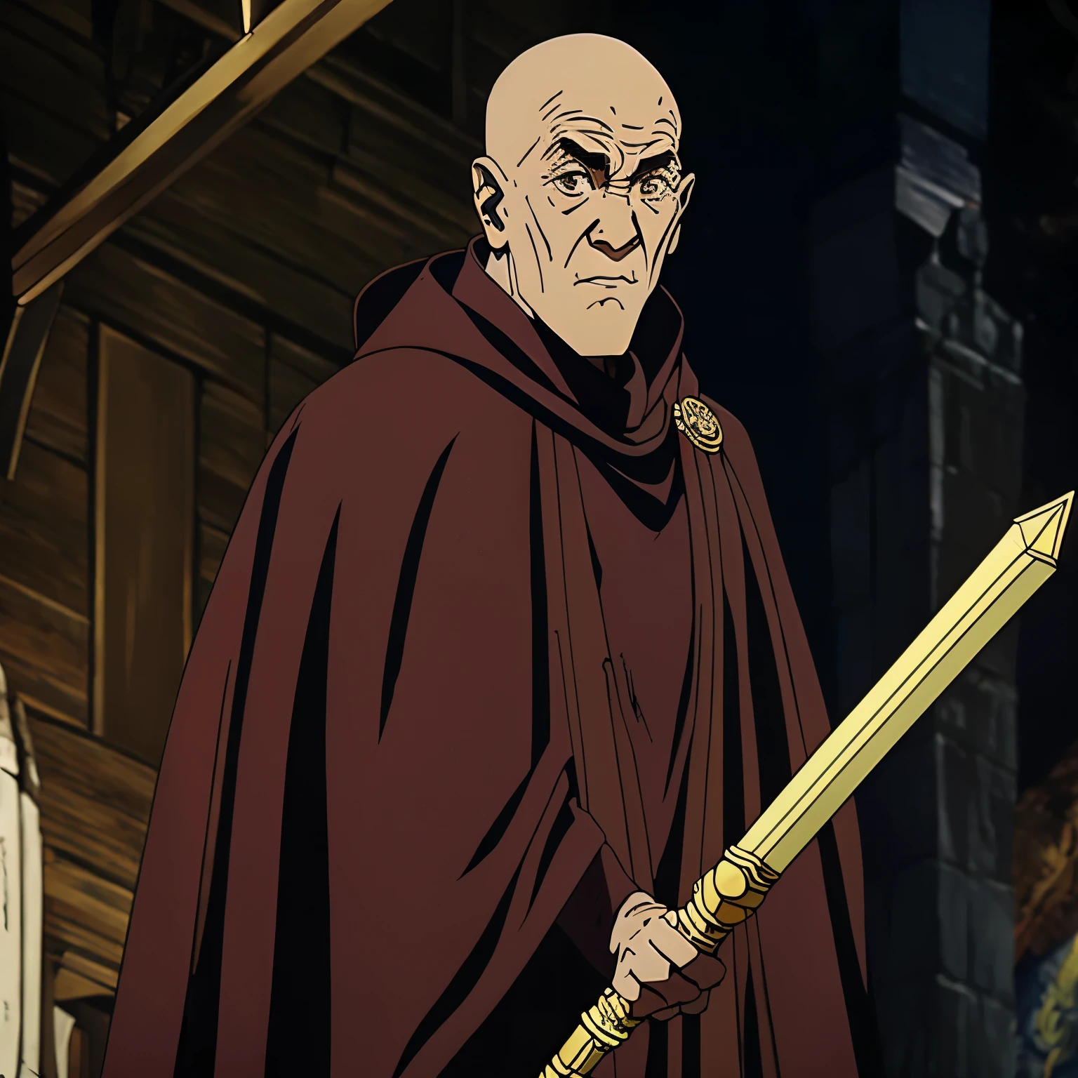 Male, Wizard, monk, with a scepter, cloak, old, background temple, anime, perfect face details 