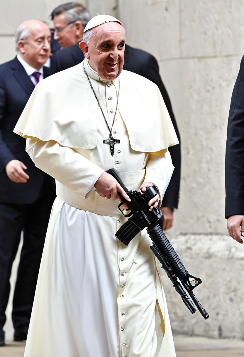El papa Francisco vestido estilo rapero de Londres sosteniendo un ak47