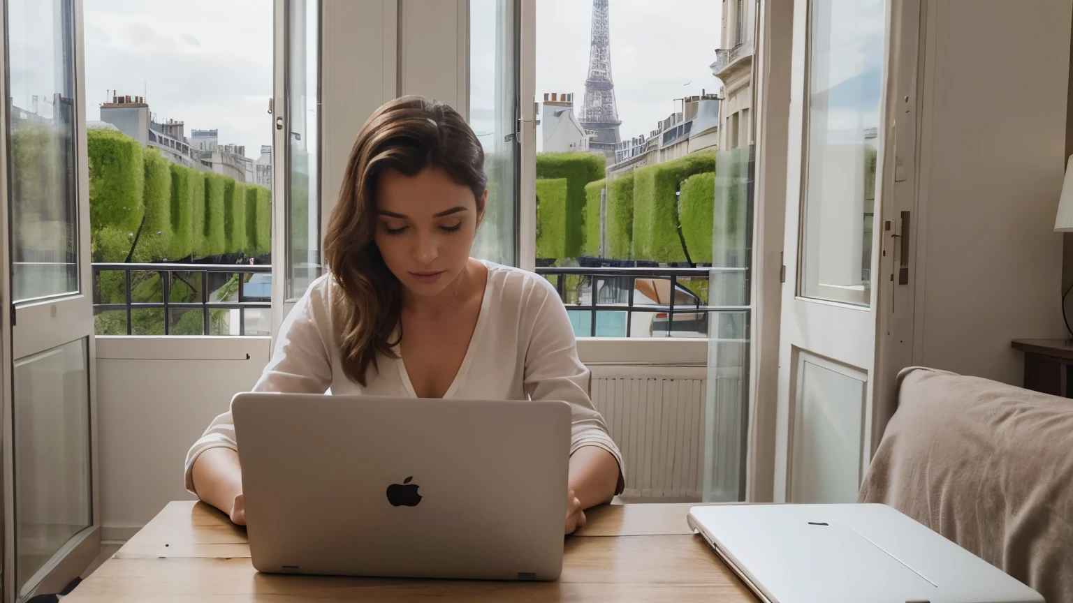 image of woman with good detail and realistic working from macbook in european apartment at the window overlooking the eiffel tower in paris