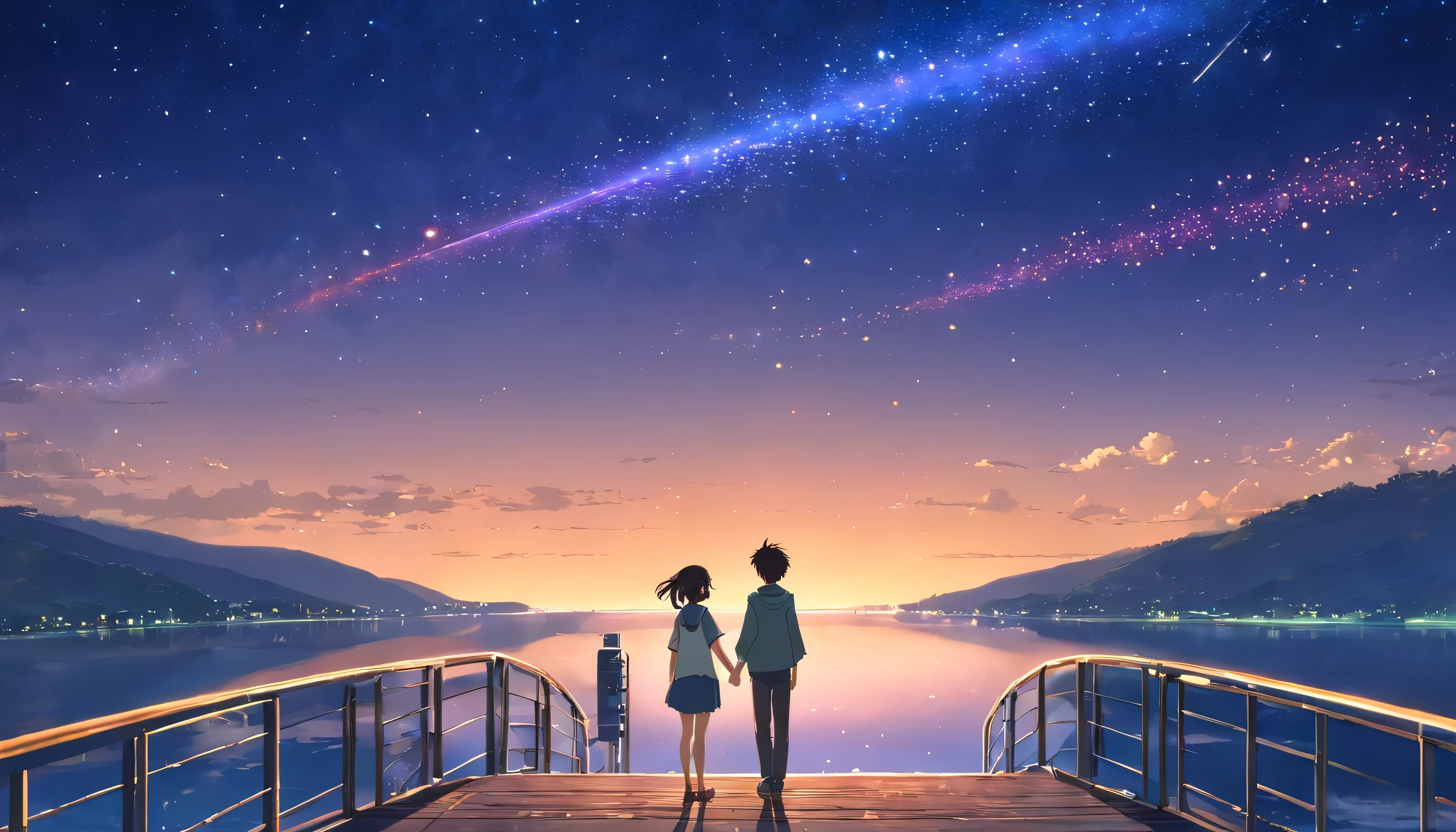 Two Lovers: boy and girl.  standing by the bridge and looking at the starry sky, a comet flies by