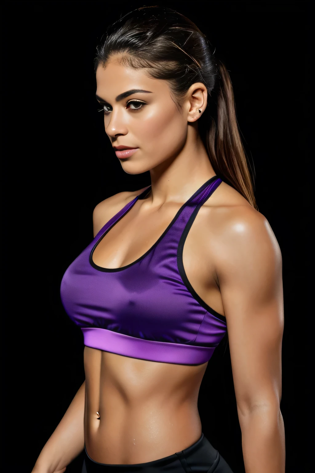 there is a Brazilian woman, in a purple top posing for a photo, purple halter top, looking from the side, sports bra and shirt, frontal pose, wearing a purple t-shirt, front portrait, seen from the side, frontal photo, purple top, adjusted photo , using gym equipment, fitness body, physique: smallest belly ever, sweaty abs, fit curvy physique, stamped photo, black background. Sharp photo, high quality, high resolution and high contrast. Masterpiece, high resolution, masterpiece, 16K.