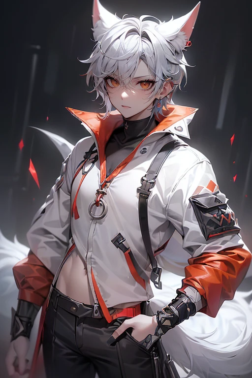 (4K Workasterpiece、(highest quality)、Korean Man、Adult male、((Adult 26 years old))、((Adult older brother))、((white werewolf))、((Man with wolf ears))、((Looks like Hyunjin))、Cool guy、expensive、((Strong Eyes))、((Cool werewolf fashion in black))、((Long sleeve and long pants style))、((Makes your face smaller))、Slender,((Silver shorthair))、((Left eye yellow,Right eye red,Right eye: fluorescent red pupil,Right eye glows red))、((Shot alone))、((Solo Photo))、Professional photos、((Werewolf Costume))