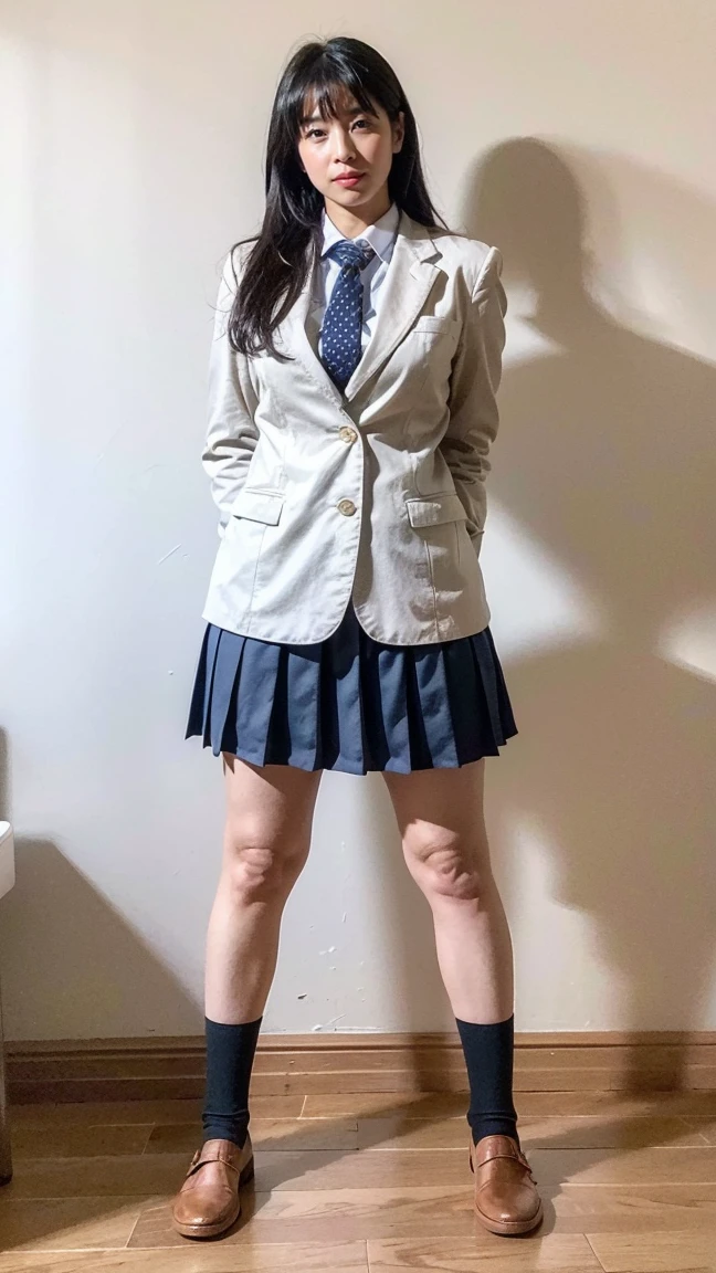 ((8k、High resolution、highest quality、High resolution)))、33 years old、alone、Natural body shape、White skin、Natural Makeup、((Black Hair、bangs、Straight Long Hair))、((()))、((school uniform 、White collared blouse、Beige blazer))、((Blue checkered pleated skirt))、(Big Breasts:1.3)、((The upper body is wearing a uniform))、(((((Looking at the camera)))))、(((((Full body photo)))))、(((Exposing your thighs)))、Bedroom、On the flooring、Are standing、Navy blue socks、