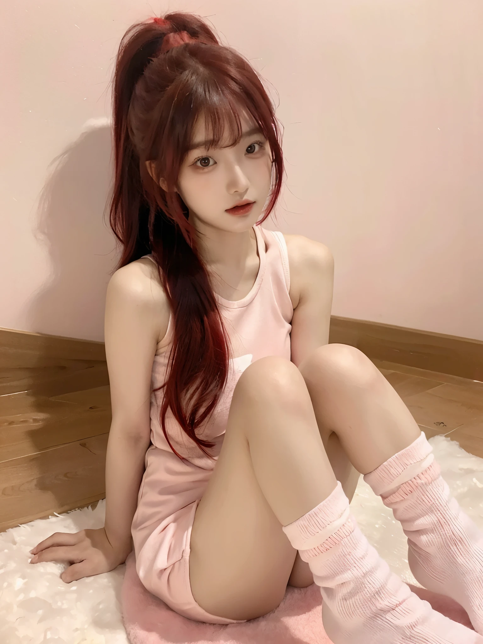 ((1girl)), asian girl, ((red cherry hair)), one ponytail, pink short dress, long white socks, white background, sitting on the floor