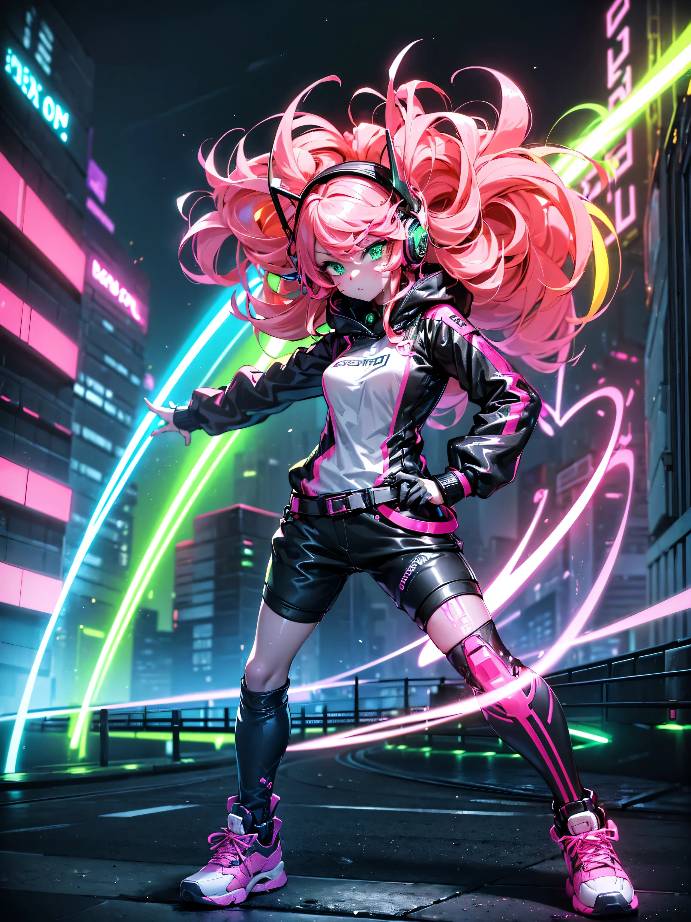 masterpiece:1.4, 1girl ((20year old, dressed in long sleeve shirt, tight black shorts, sneakers, medium breasts, multicolor pink hair, curly long hair, green eyes:1.4, Wearing headphones, looking towards camera, standing on a balcony:1.1 tall sci-fi buildings in background:1.1, neon and energetic atmosphere:1.2)) ((nighttime)) ((low camera angle, ground view)) ((solo:1.6))
