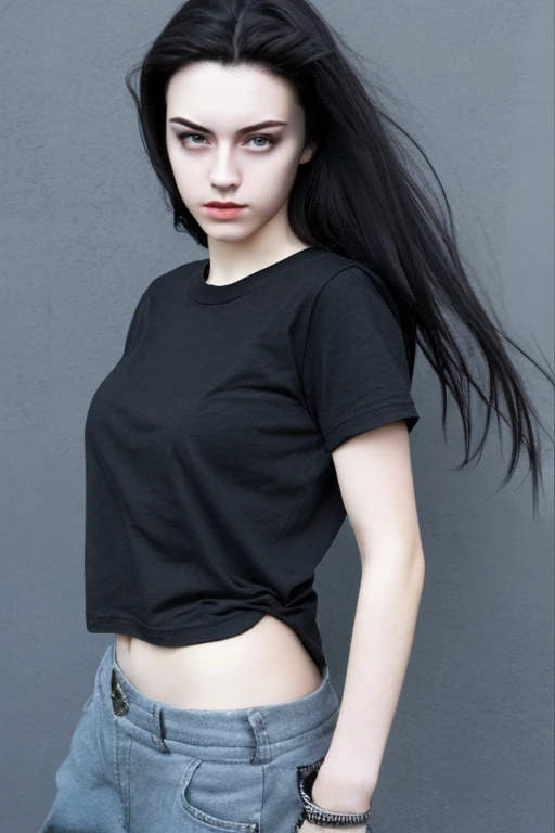 girl outside, looking cool and a bit arrogant, full body, very beautiful, dark hair, wearing black oversized t-shirt, realistic face, detailed eyes, small, boyish
