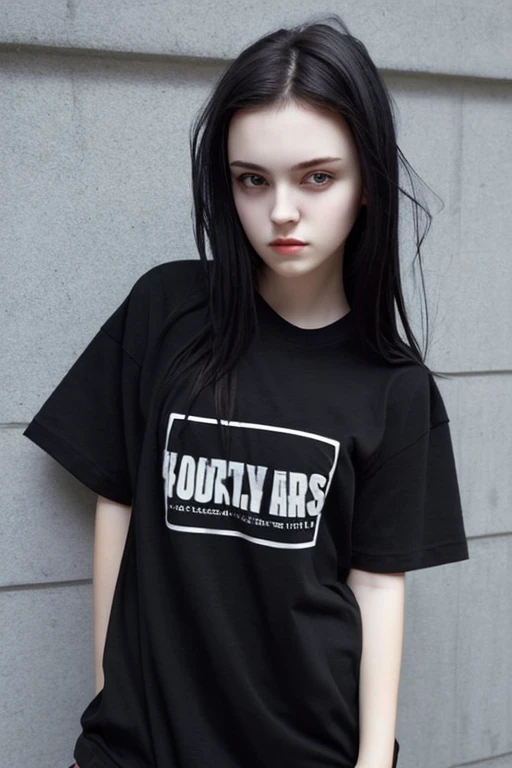 girl outside, looking cool and a bit arrogant, full body, very beautiful, dark hair, wearing black oversized t-shirt, realistic face, detailed eyes, small, boyish