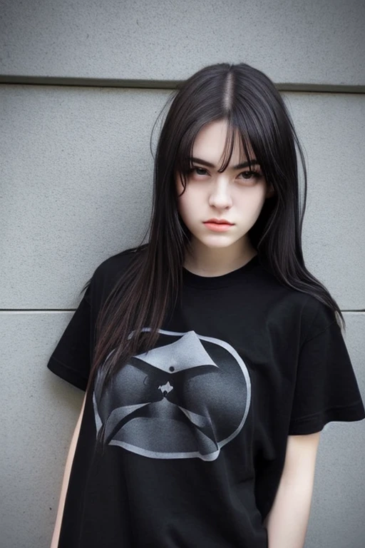 girl outside, looking cool and a bit arrogant, full body, very beautiful, dark hair, wearing black oversized t-shirt, realistic face, detailed eyes, small, boyish
