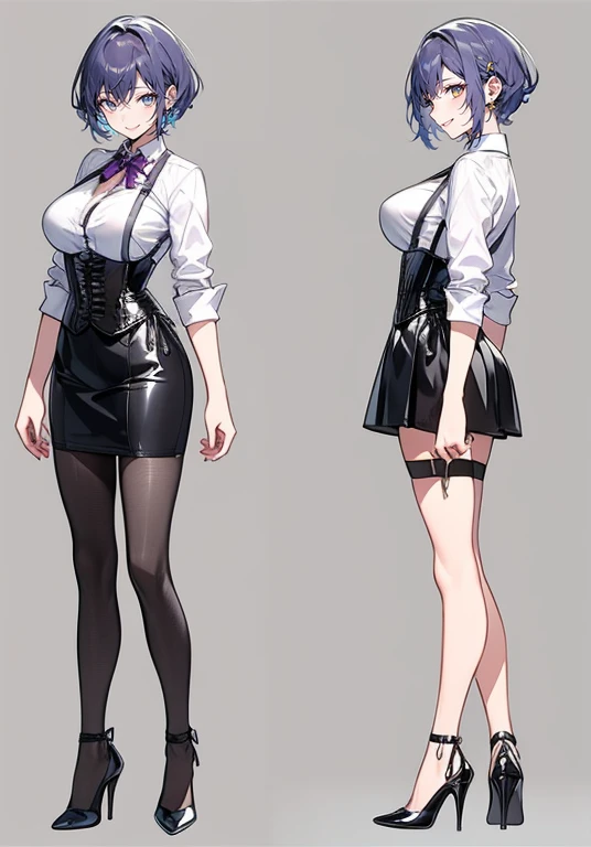 Purple hair,short cut,Adult female,Bartender,((Rolling up your sleeves shirt)),(Corset),(Tight skirt),High heels,((Simple background)),Smile,((Full body)),((whole body)),Character Sheet,
