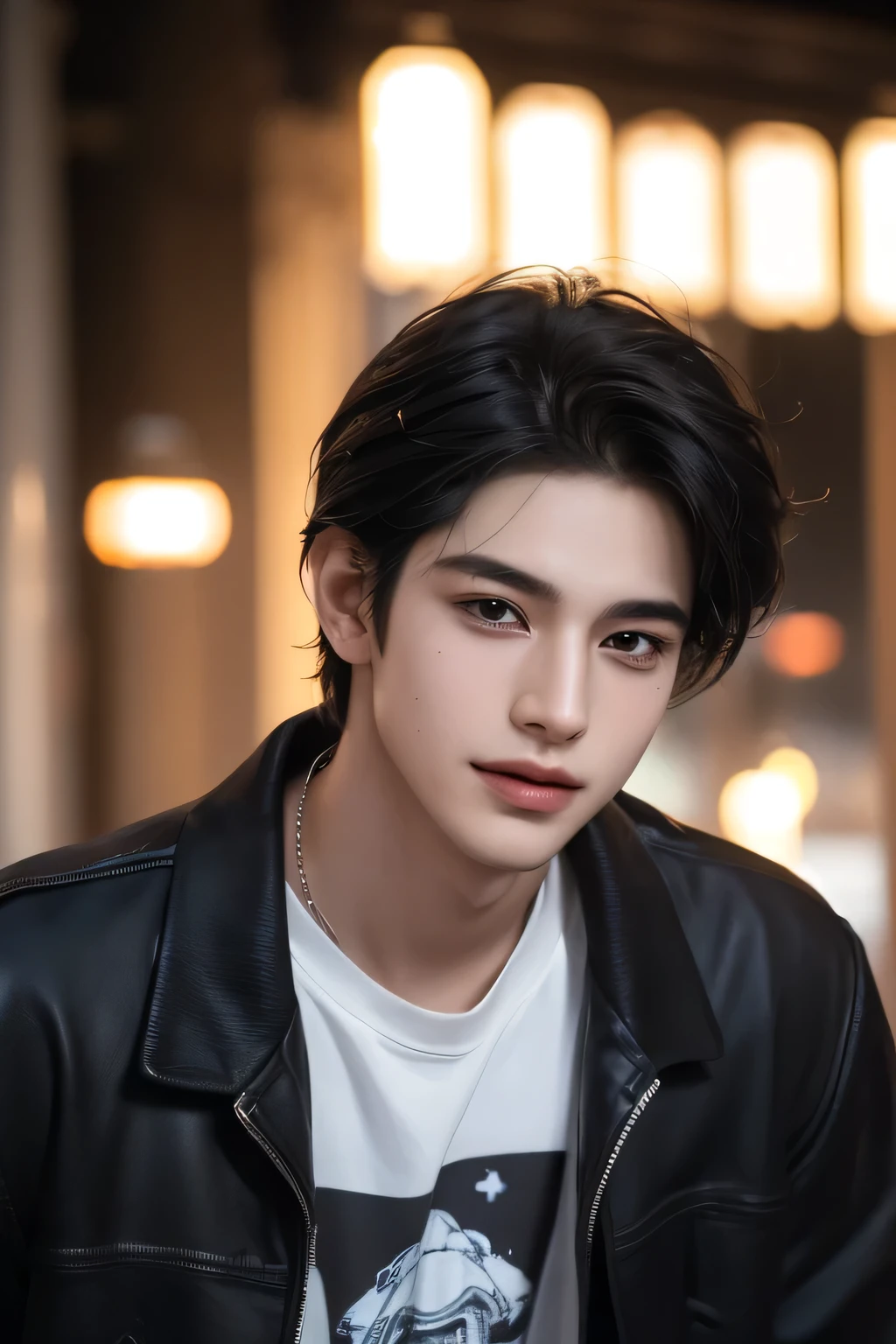 ((highest quality, 8K, masterpiece: 1.3)), New York City、Handsome boy in street fashion:1.5, 20-year-old、Delinquent boy、 well-groomed face, black hair color、thin face、(white skin:1.5)、whole body、black eyes、boy sad、Super handsome、sexy eyes、Extra-fine face, handsome nose, small eyes and face, beautiful lighting, High resolution, detailed mouth, laughing out loud, Laughter、Delighted、whole body: 1.5, perfect body shape、super slim,medium hair、STUSSY clothes、Oversized clothes、same clothes