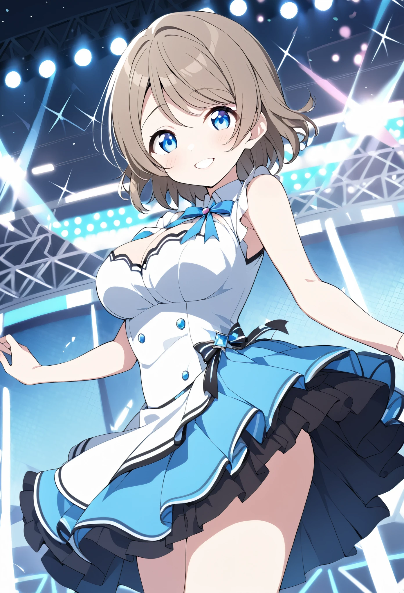 YOU WATANABE, SHORT HAIR, BLUE EYES, BROWN HAIR,,　live stage, large Breasts, Formal dress smile　solo