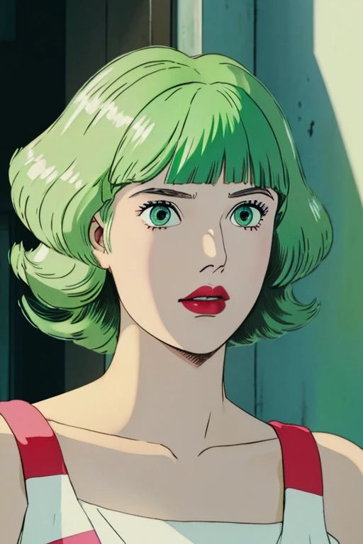 ((Best Quality)), ((Detailed)), girl with short wavy pastel green hair, with big bright red eyes, with full lips, soft skin, tough look, with a hero aura, in the style from the anime My Hero Academia.