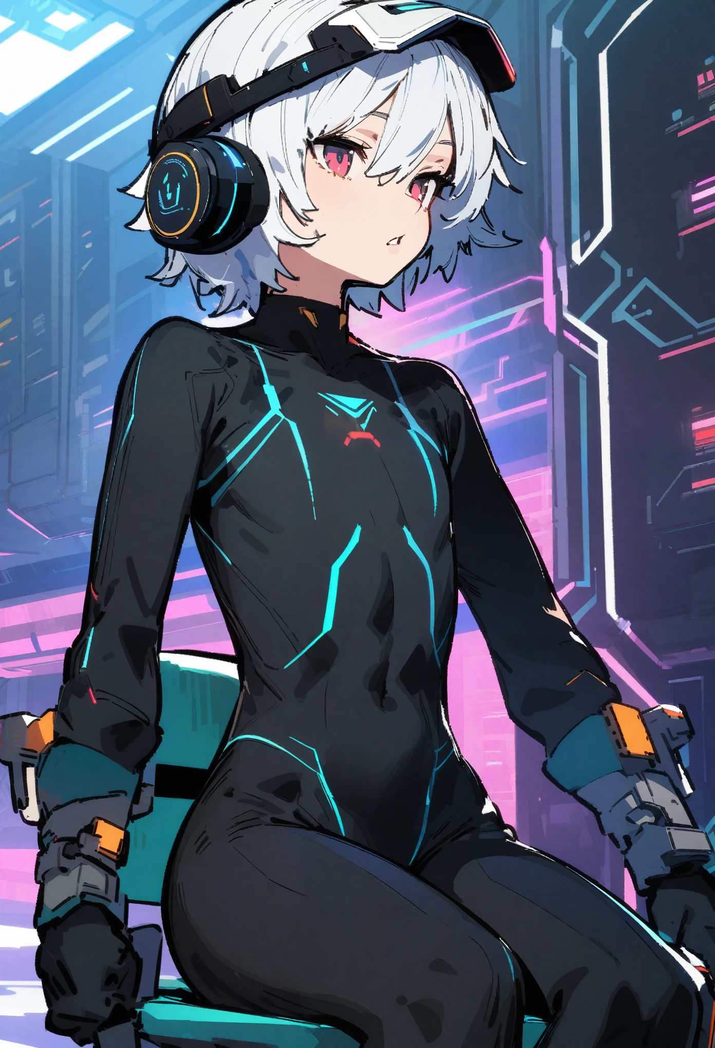 front view, 1boy, trap, effeminate boy, , somewhat tall, full lips, black bodysuit, flat chest, wide hips, sitting in chair, spaceship command deck background, short white hair, wearing VR headset, ultra-detailed, sketchy style, UHD, UHD, UHD