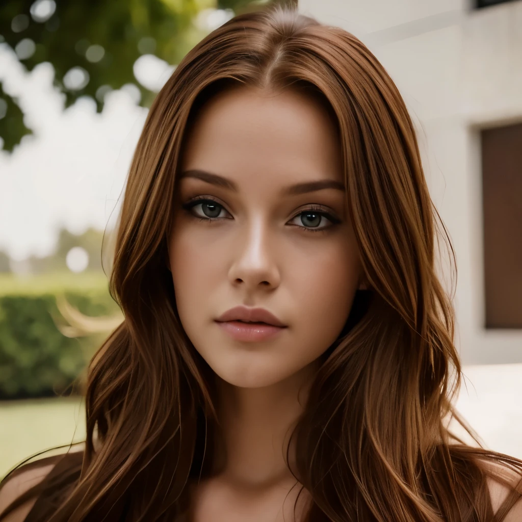Beautiful redhead girl with brown eyes and long hair in elegant white dress close up on face professional photo shoot