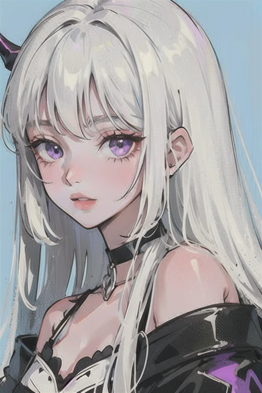 (portrait:1.4), (masterpiece:1.2, best quality:1.2), white hair, long straight hair, purple eyes, black off shoulder dress, Choker, White skin, horn, Black Wings, Simple background