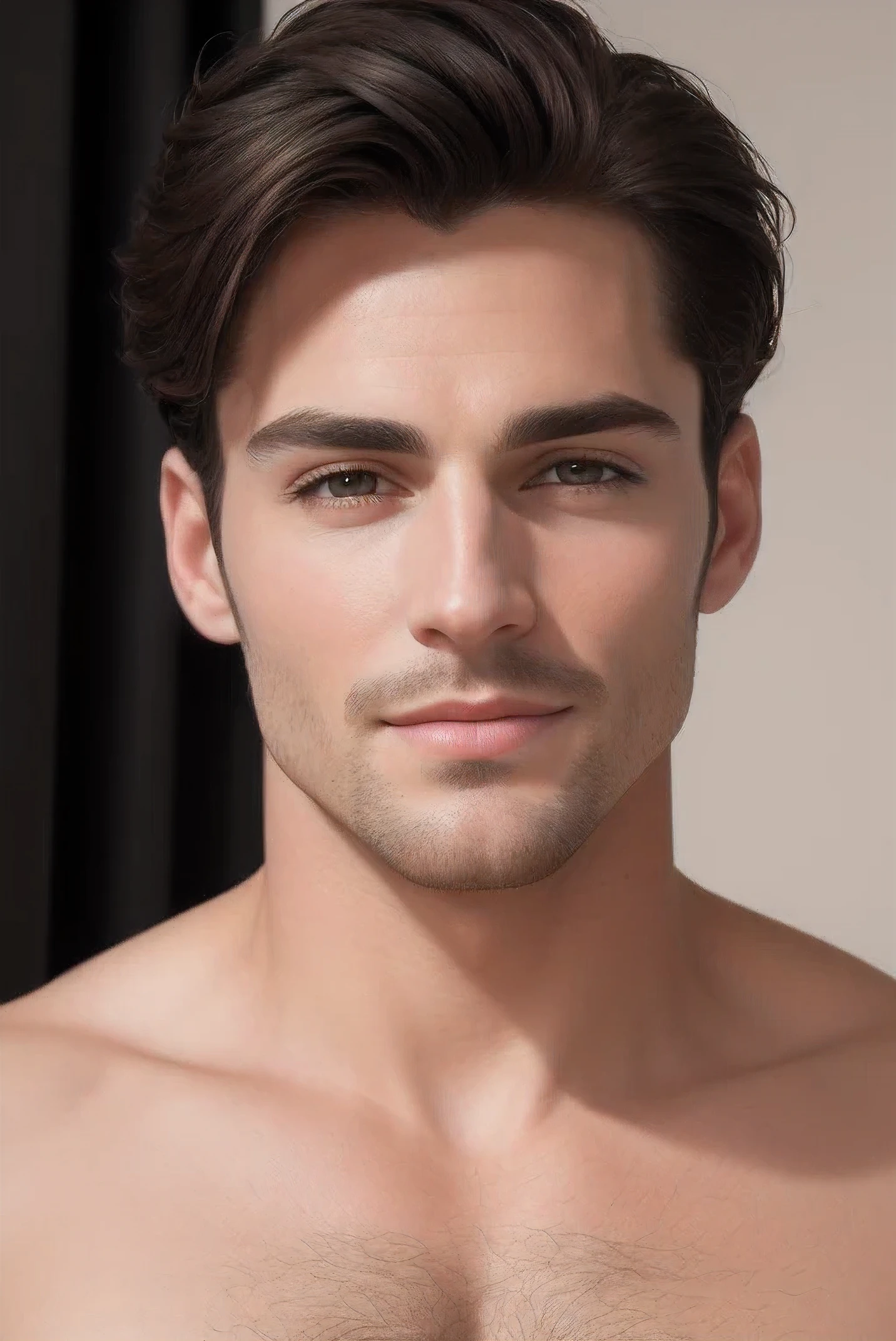 Rosto (Face) of a seductive man with perfect features, super realista and ultra realista, capturing the essence of Don Juan, a lindo (handsome) and divino (divine) stud man. His olhos (eyes) are sedutores (seductive), drawing you in with a captivating smile, a smile that is both seductive and irresistible. His face is symmetrically detailed with refined facial features, enhancing his stud man charm. The high-quality image, a masterpiece, is rendered in 8K, showcasing every detail from the perfect texture of his skin to the intricate pores of his peach fuzz.