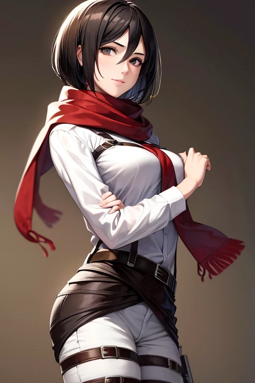 (masterpiece, best quality:1.2), expressive eyes, perfect face, highres, 1girl, solo, hmmikasa, short hair, black eyes, scarf, belt, thigh strap, red scarf, white pants, white shirt, hand on hip, smiling, standing, upper body, looking at the viewert
