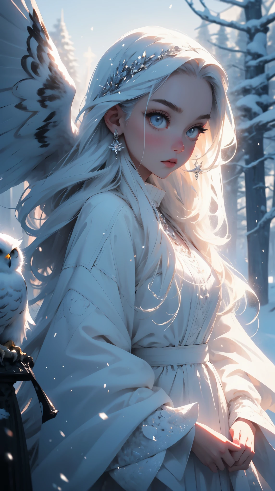 close up, beautiful young girl, white long hair, black eyes, white dress, white owl in the hands, girl holding owl, snowy landscape, 8k, high detailed, high realism, dark fantasy art
