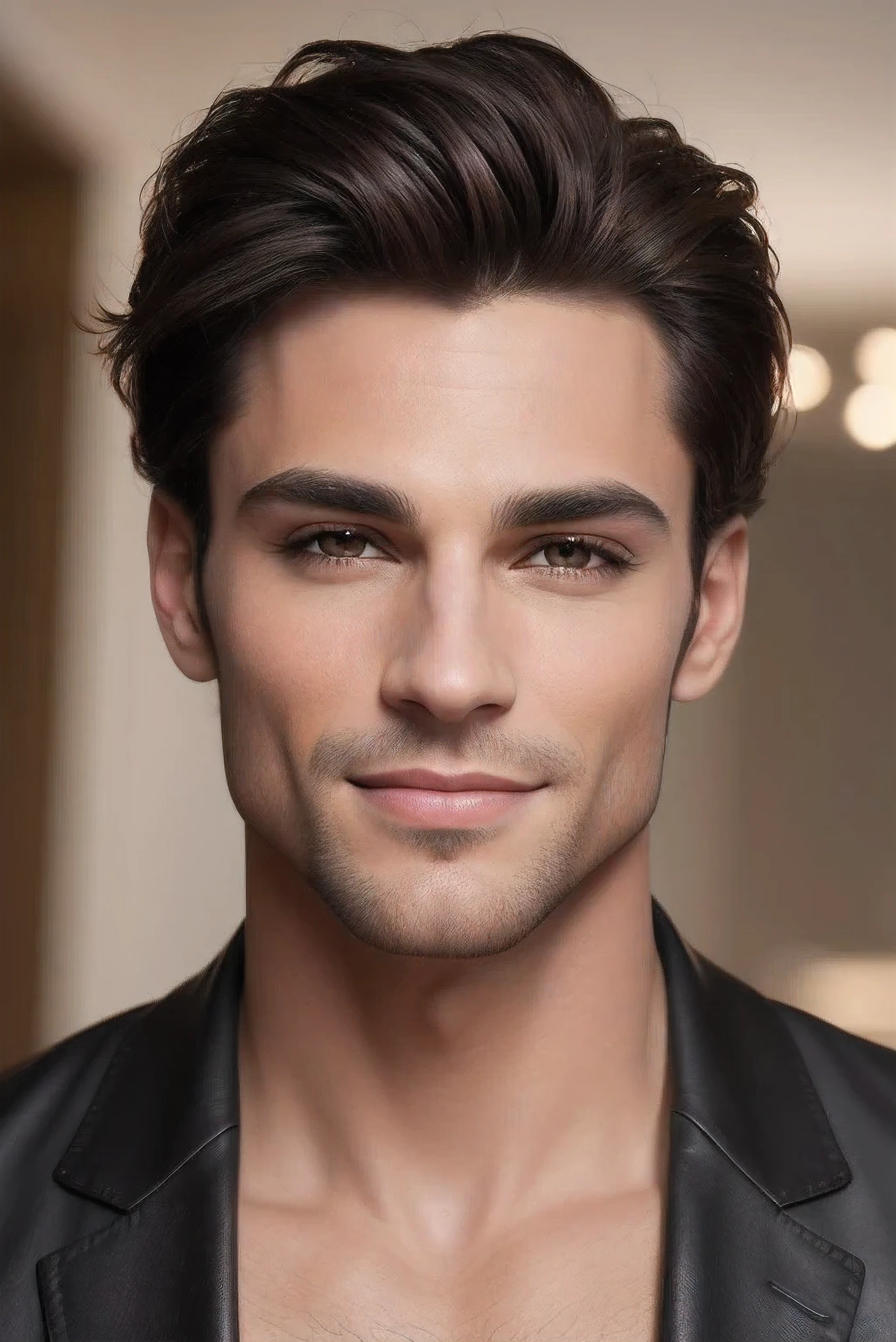 A captivating portrait of a seductive man with mesmerizing brown eyes, an alluring smile that lights up his handsome, admirable face, and perfectly combed, lustrous brown hair. His perfectly sculpted features shine in ultra-realistic and super-realistic detail, making for a breathtaking 8K masterpiece. The seductive hombre's irresistible lips, framed by a chiseled jawline and a smooth, seductively dimpled chin, exude an undeniable charm. With a splendid, enchanting grin, he draws you in, making eye contact to leave you utterly captivated.