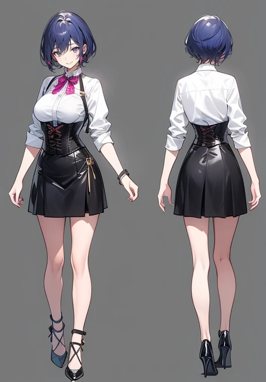 Purple hair,short cut,Adult female,Bartender,((Rolling up your sleeves shirt)),(Corset),(Tight skirt),High heels,((Simple background)),Smile,((Full body)),((whole body)),Character Sheet,