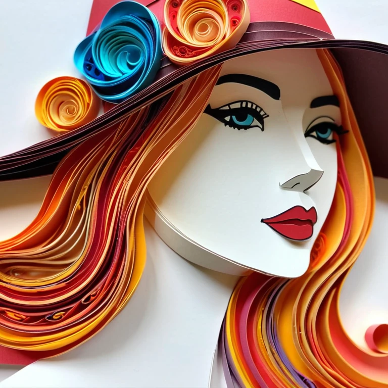 a close up of a paper art of a woman wearing a hat, paper quilling, paper art, layered paper art, paper modeling art, colorful art, rivuletpaper art, made of paper, colourful artwork, beautiful and colorful, paper cut art, paper craft, beautiful artwork, beautiful art, paper collage art, very very beautiful art, made from paper