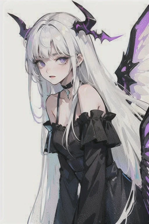 white hair, long straight hair, purple eyes, Black Wings, black off shoulder dress, Choker, horn, Black Wings, White skin, Simple background