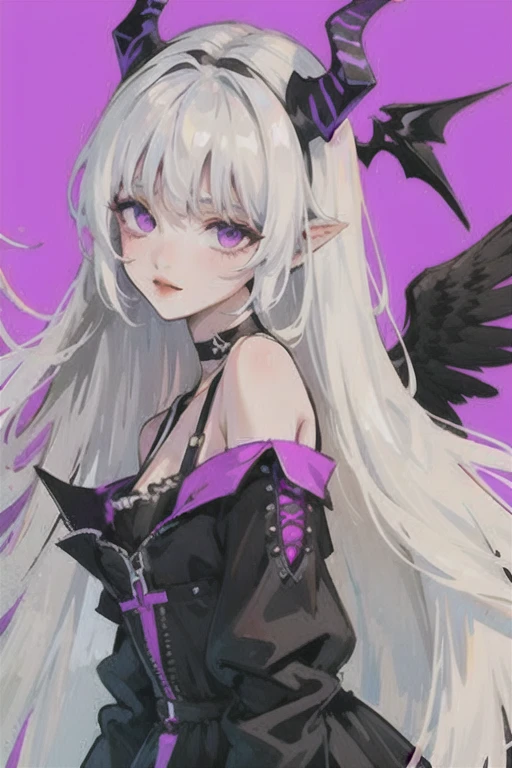 white hair, long straight hair, purple eyes, Black Wings, black off shoulder dress, Choker, horn, Black Wings, White skin, Simple background