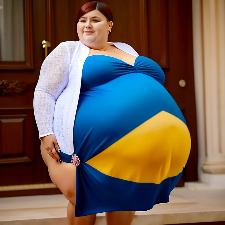 Extremely Hyperpregnant Moldovan woman with huge belly wearing a dress