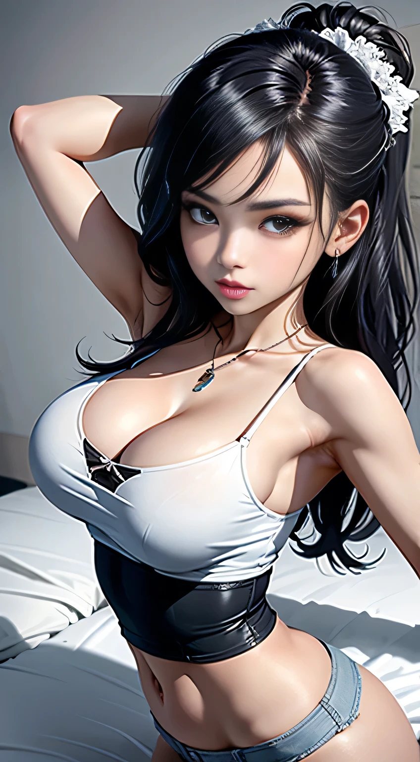 sfw, ((lying on bed top view)), a girl, little guy, Mixing Console, Music Clubs, night club, todo el cuerpo, de pie, Antecedentes del estudio, Apariencia, Maquillaje, mascara, Los labios son suaves o de color, Fondo negro simple, minimalismo, monotone, Paletas de colores simples, limpio, Crisp drawings, Siluetas fluidas, asymmetric, Geometrical, Elegant and luxurious materials and designs, Accesorios sencillos y minimalistas, Collares y anillos finos en plata u oro, Pulseras simples, Different designs, Siluetas simples, Estilo simple y sofisticado, Lealtad, minimalismo, Materiales de alta calidad, Fresh and urban printing, alta moda, Simplicity and sophistication, azul, color azul, sexy, esbelto, Ropa corta, mojado, sexy, erotic, escote, Apariencia juvenil, yoga, bashful, Sudoroso, white see through spaghetti strap shirt, bike shorts, 3/4 body view, wearing bra,((skinny waist)), young asian girl, ((big breasted)),