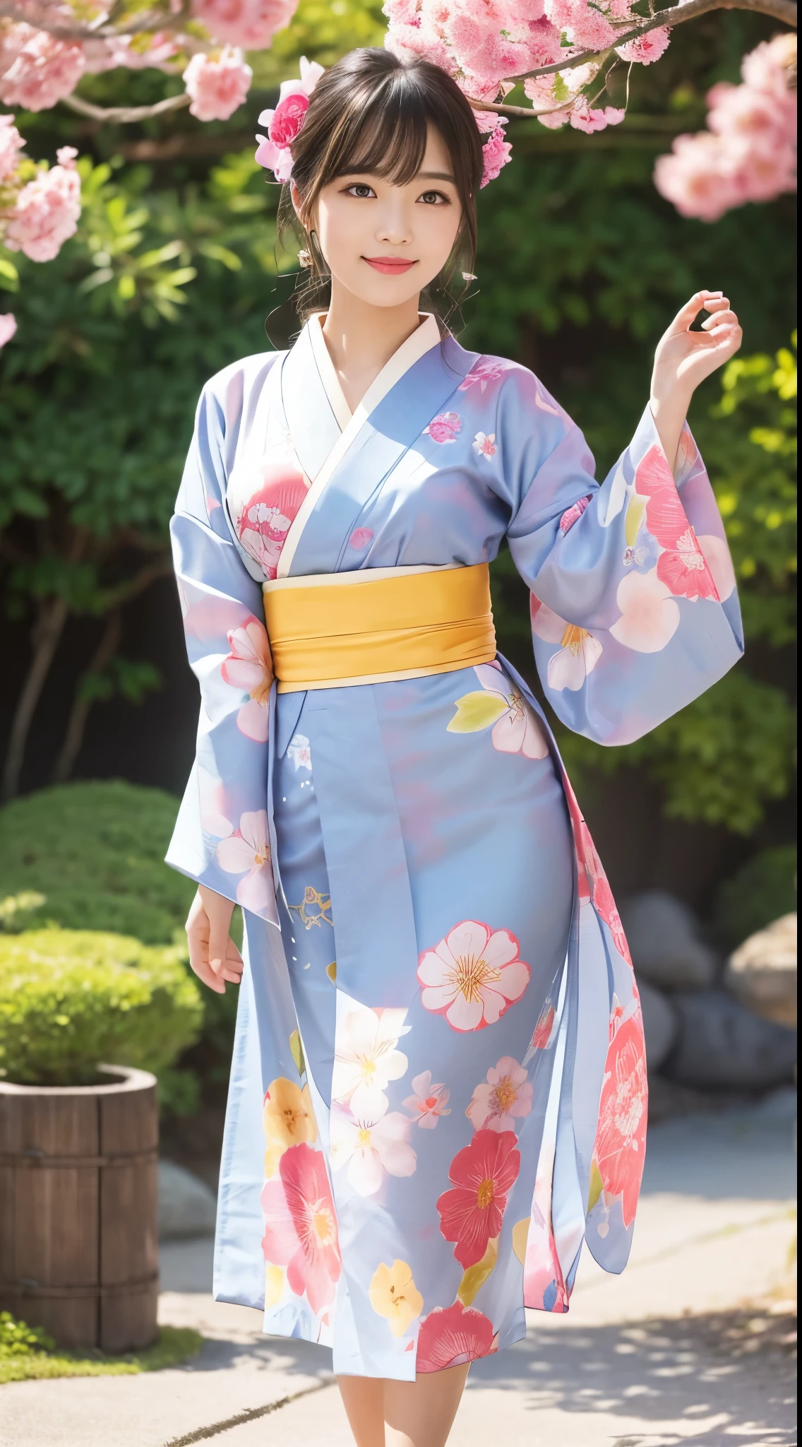 (With hair fluttering in the wind, Long eyelashes, The hem of a short skirt is dancing, Wear a kimono dyed with traditional Japanese patterns, Vibrant Background, A garden full of flowers, Soft sunlight, Clear blue sky), Create illustrations with textures that are easy to draw, realistic skin depiction, Vibrant colors, Fine shading like in the photo, Artistic portrait style, Bright and soft lighting.