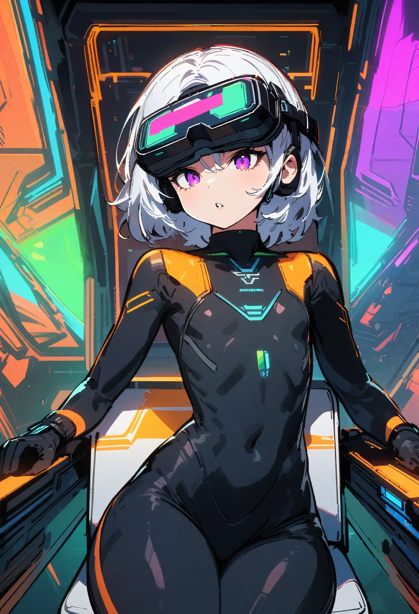 front view, 1boy, trap, effeminate boy, , somewhat tall, full lips, black bodysuit, flat chest, wide hips, sitting in chair, spaceship command deck background, short white hair, wearing VR headset, ultra-detailed, sketchy style, UHD, UHD, UHD