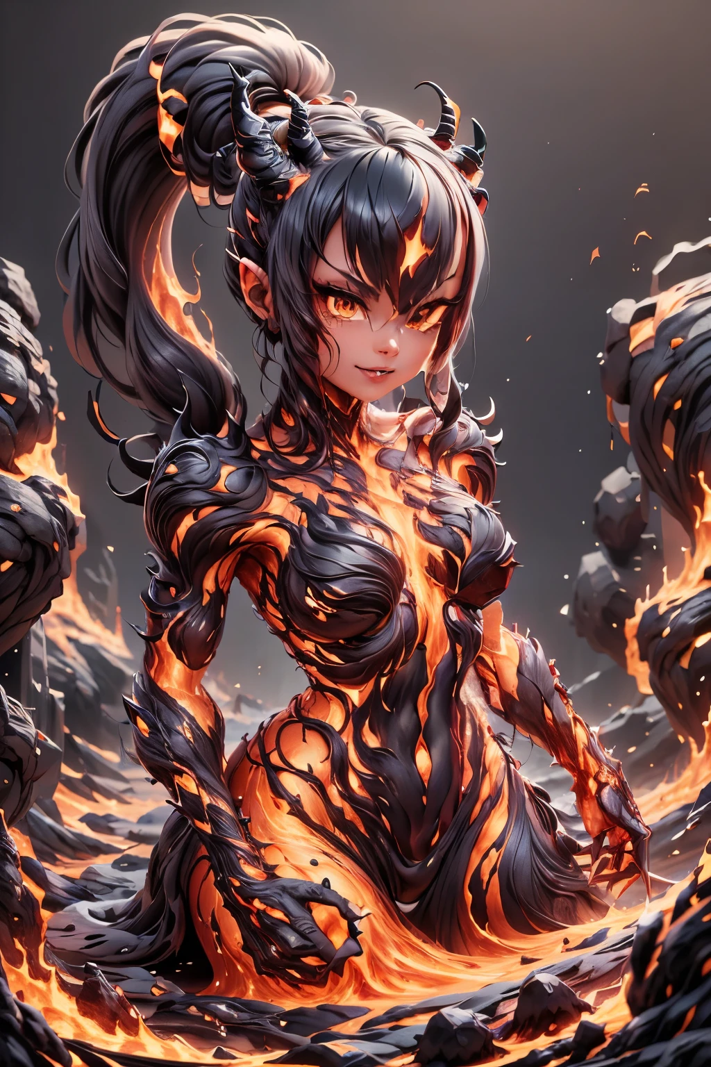 female lava demon, lava material, made of lava