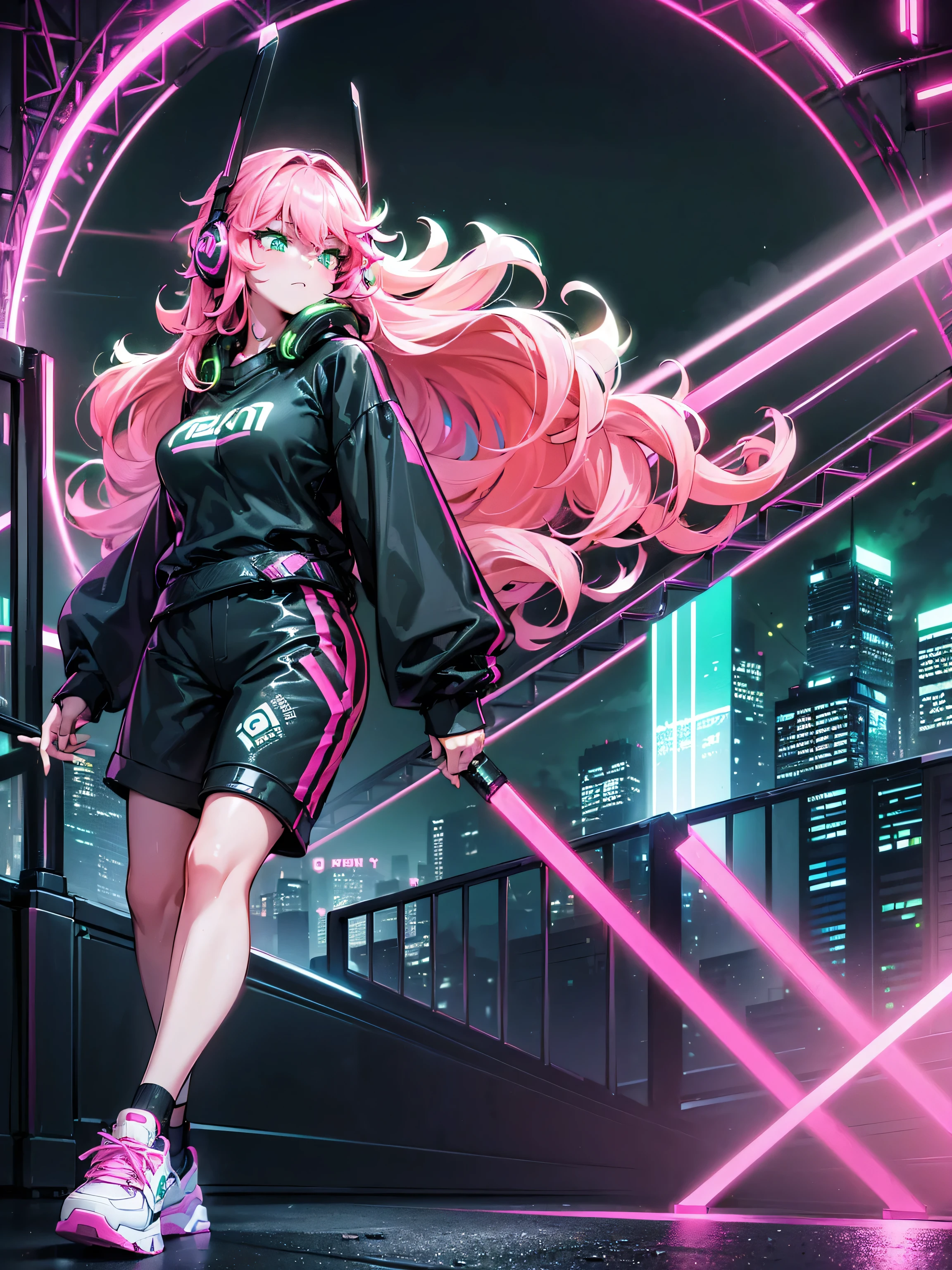 masterpiece:1.4, 1girl ((20year old, dressed in long sleeve shirt, tight black shorts, sneakers, medium breasts, multicolor pink hair, curly long hair, green eyes:1.4, Wearing headphones, standing on a balcony looking out at city:1.1 sci-fi skyline in background:1.1, neon and energetic atmosphere:1.2)) ((nighttime) ((wide camera angle)) ((solo:1.6))