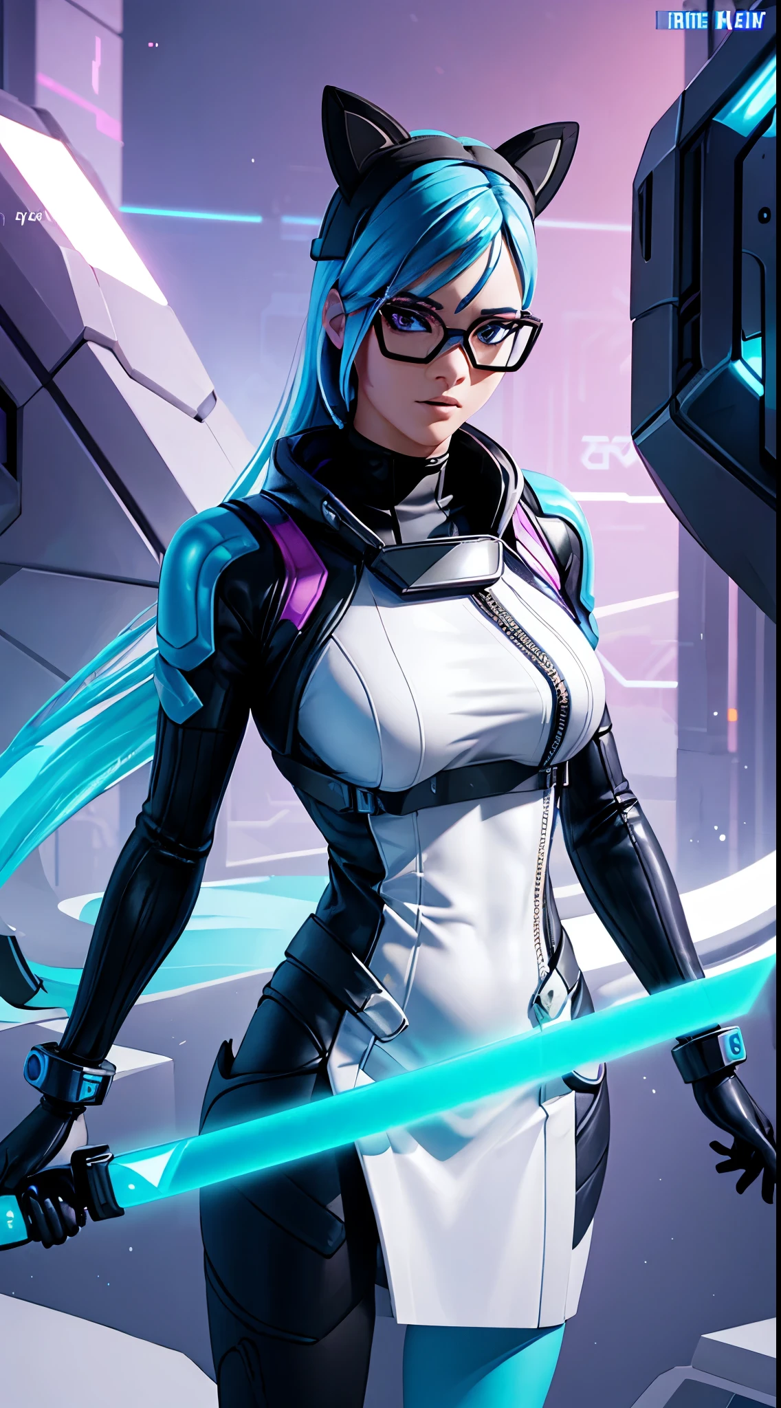 "Compose an eye-catching image featuring a woman with blue hair immersed in a futuristic environment. Design futuristic eyewear with cutting-edge elements, ensuring a sleek and advanced appearance. Craft the outfit with modern, high-tech materials, staying true to the futuristic vibe. The woman should confidently wield a laser sword, striking a pose that conveys both skill and determination. Explore a sci-fi color palette, incorporating neon tones and dynamic lighting effects to enhance the futuristic atmosphere. Employ photographic techniques such as bokeh and strategic lighting to create a visually captivating scene, skillfully blending action elements with futuristic style for a compelling composition."