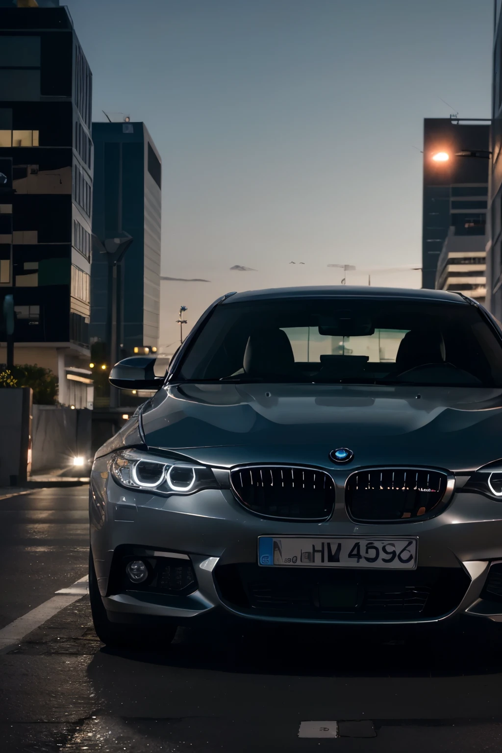(best quality,4k,2160 x 3840 pixels,2160p),(bmw,e90 blanco:1.1),(facing front,sleek design),(bright headlights:1.1),(nighttime:0.9),(illuminated front only),(vivid colors,sharp focus),(cityscape background),(high-res wallpaper)