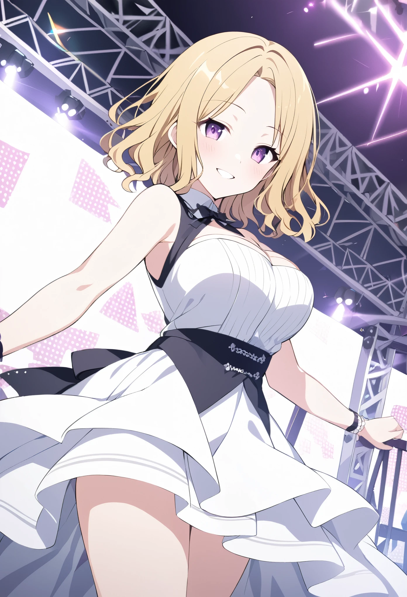 risa momioka, short hair, blonde hair, wavy hair, (parted bangs:1.5), (purple eyes:1.1),　live stage, large Breasts, Formal dress smile　solo