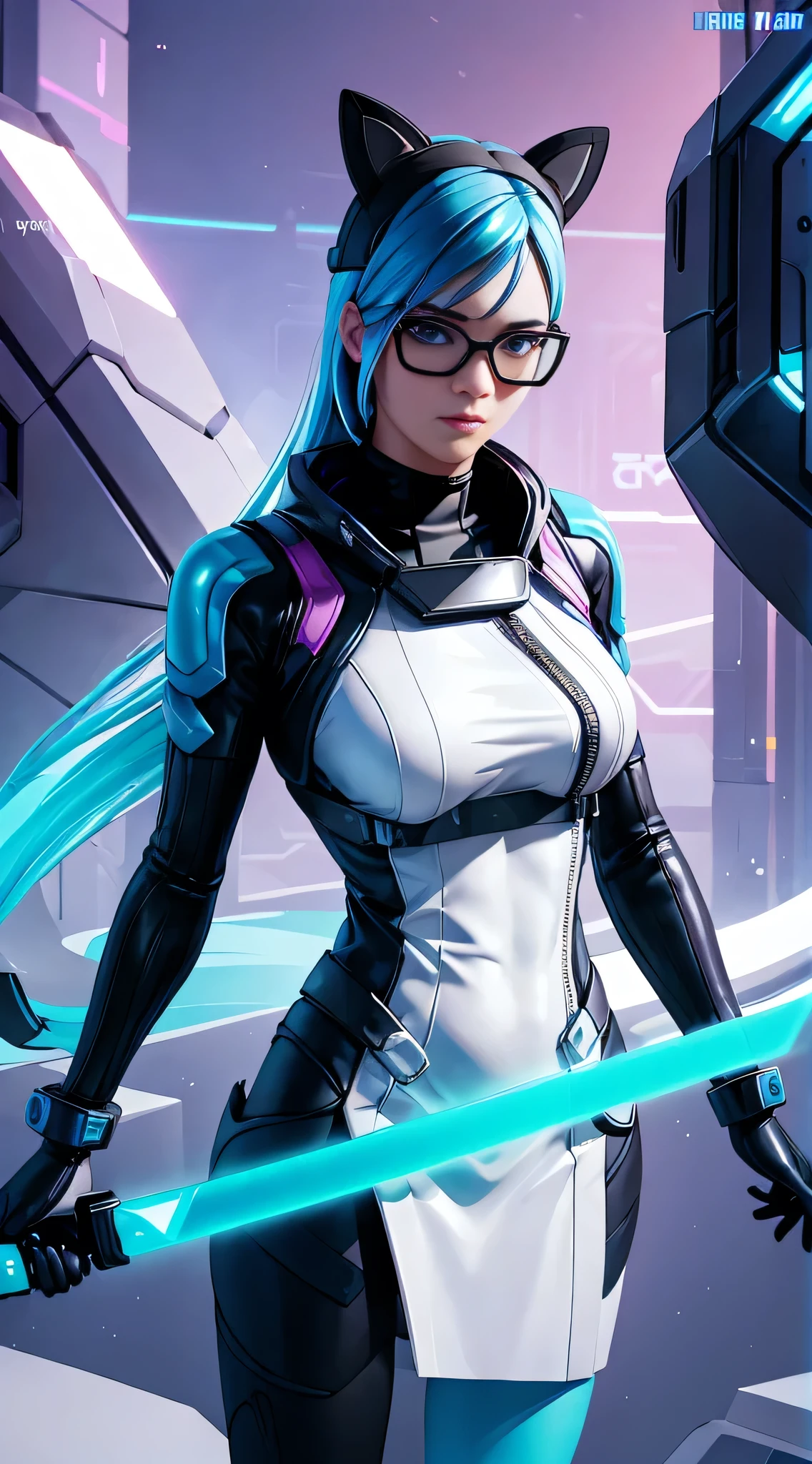 "Compose an eye-catching image featuring a woman with blue hair immersed in a futuristic environment. Design futuristic eyewear with cutting-edge elements, ensuring a sleek and advanced appearance. Craft the outfit with modern, high-tech materials, staying true to the futuristic vibe. The woman should confidently wield a laser sword, striking a pose that conveys both skill and determination. Explore a sci-fi color palette, incorporating neon tones and dynamic lighting effects to enhance the futuristic atmosphere. Employ photographic techniques such as bokeh and strategic lighting to create a visually captivating scene, skillfully blending action elements with futuristic style for a compelling composition."